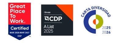 Imagen de los sellos conseguidos con el siguiente texto: Great Place to Work Certified Mar 2026 - Mar 2027 ESP, Climate CDP A List 2025 y Carta Dviersidad 2025-2026